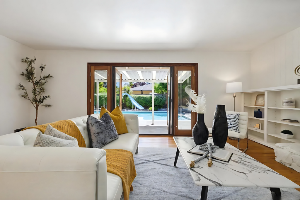 living room with pool view